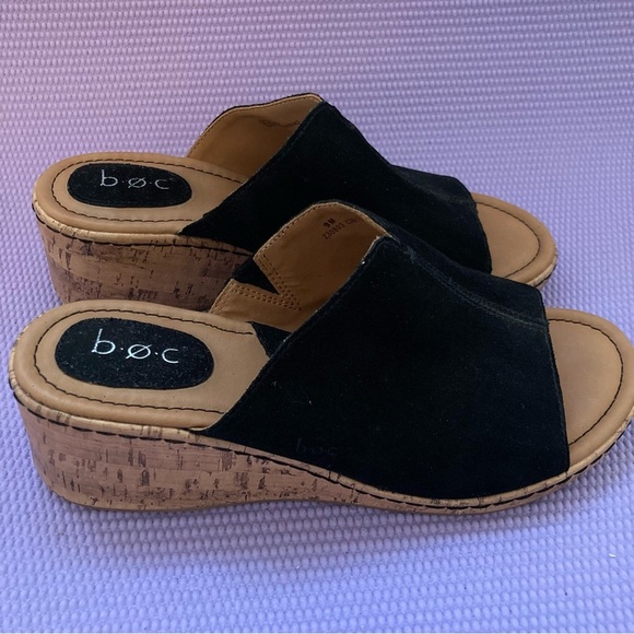 boc Shoes - BOC Born Concept Leather Slip On Open Toe Mule Wedges 9M Womens Black